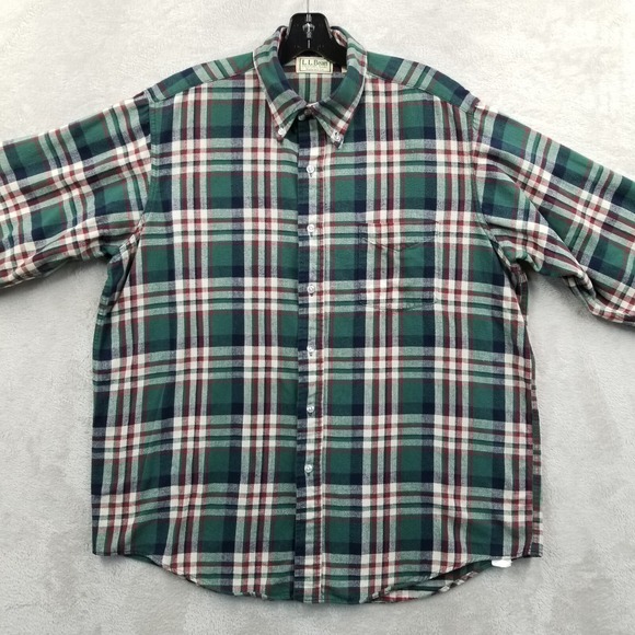 Vtg LL Bean Shirt Men L Green Plaid Flannel Button Down Cotton Outdoor Cabin USA